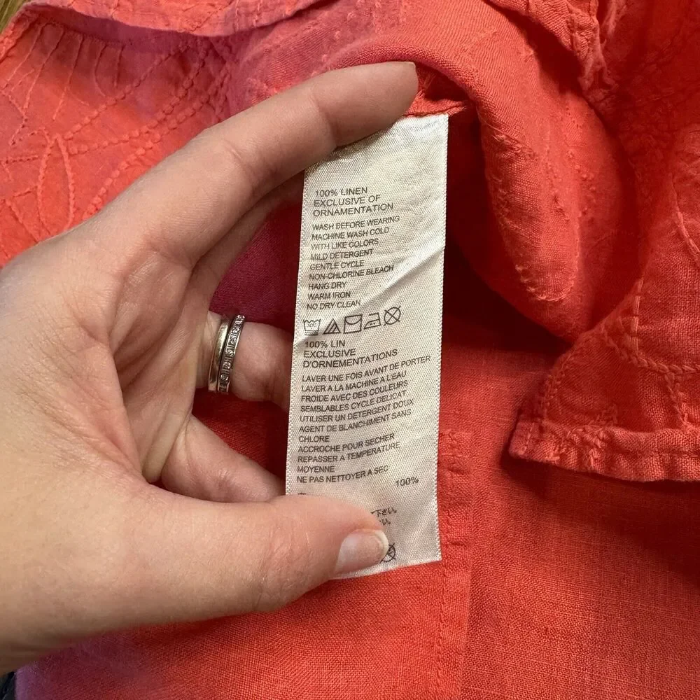 Tommy Bahama Coral Embroidered 100% Linen V-Neck 3/4 Sleeve Tunic Shirt Sz XS - Picture 5 of 6